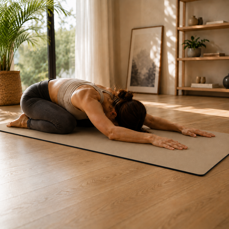 Frau in der Kindhaltung auf einer Luterra Yogamatte