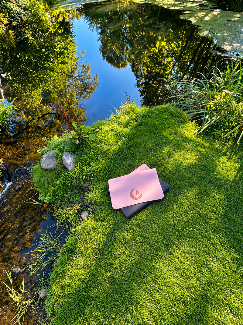 Luterra Yogamatte in Rosenquarz im Gras am Teich